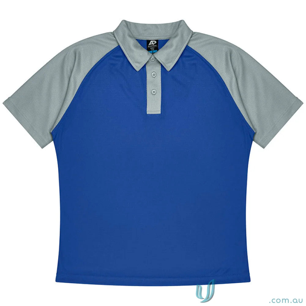 Blue and gray mens polo shirt with short sleeves and three-button placket for uniforms