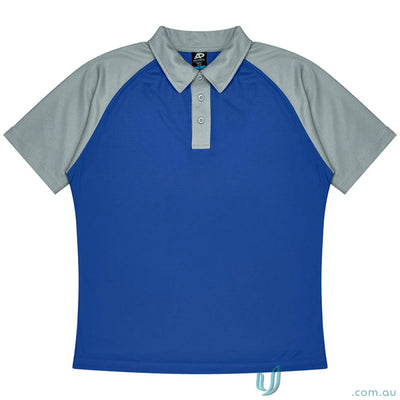 Blue and gray mens polo shirt with short sleeves and three-button placket for uniforms