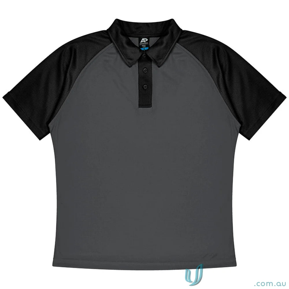 Dark gray mens polo shirt with black raglan sleeves and collar, perfect for uniforms