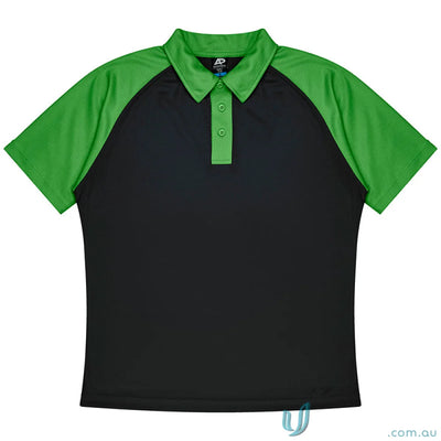 Men’s short-sleeved polo shirt with black fabric and bright green raglan sleeves