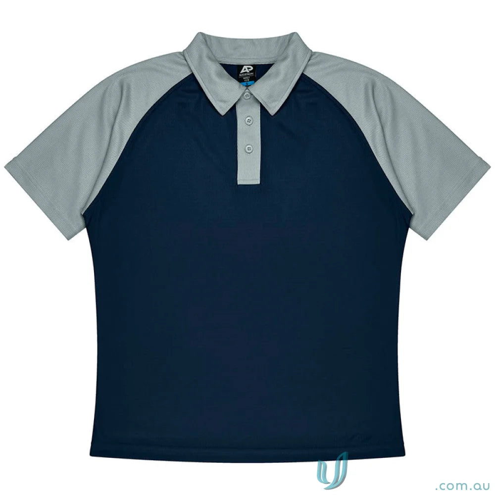 Navy blue mens polo shirt with grey raglan sleeves and placket, perfect for uniforms