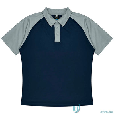 Navy blue mens polo shirt with grey raglan sleeves and placket, perfect for uniforms