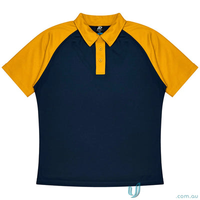 Navy blue mens polo shirt with gold raglan sleeves and collar, perfect for uniforms