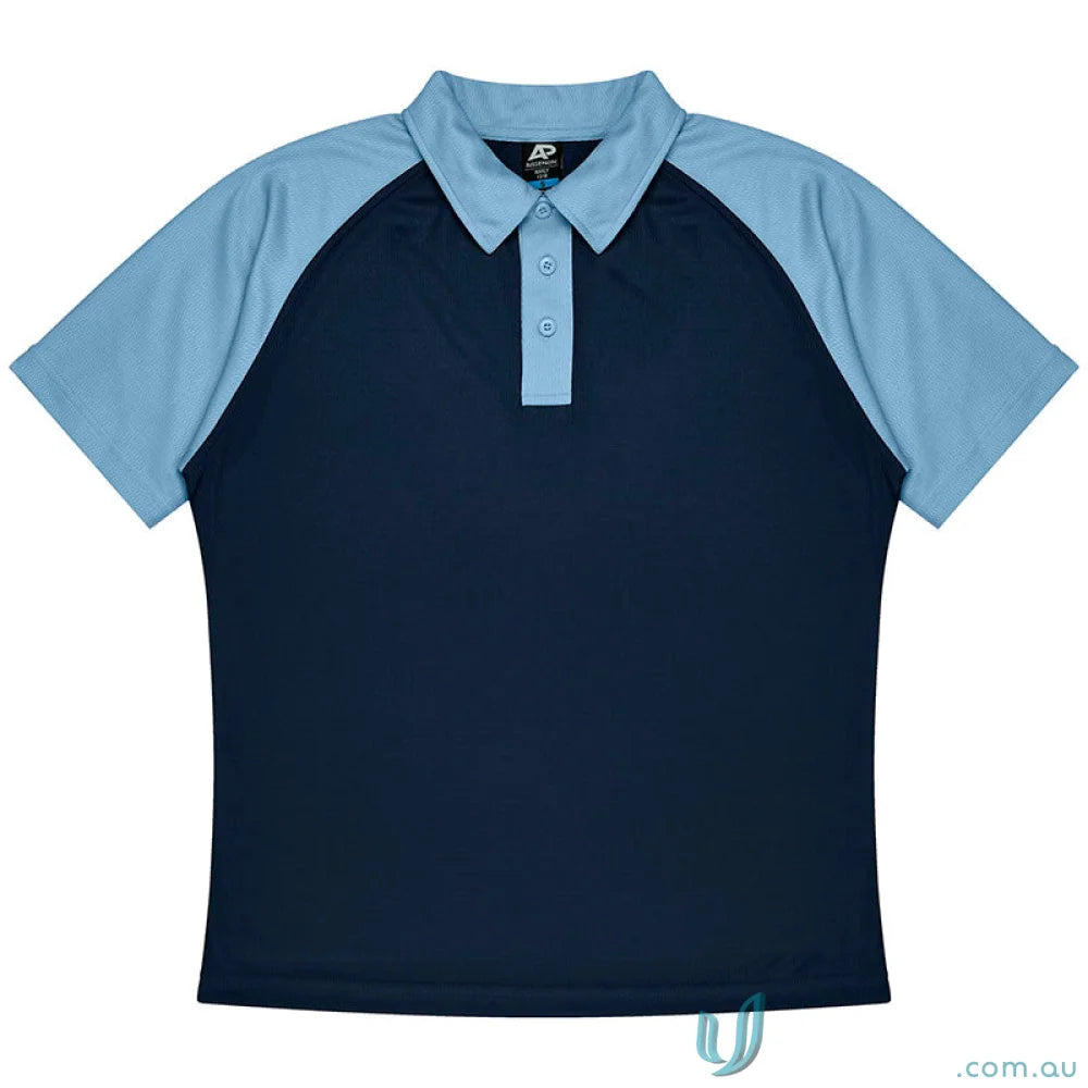 Navy blue mens polo shirt with light blue raglan sleeves and collar, perfect for uniforms