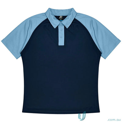 Navy blue mens polo shirt with light blue raglan sleeves and collar, perfect for uniforms