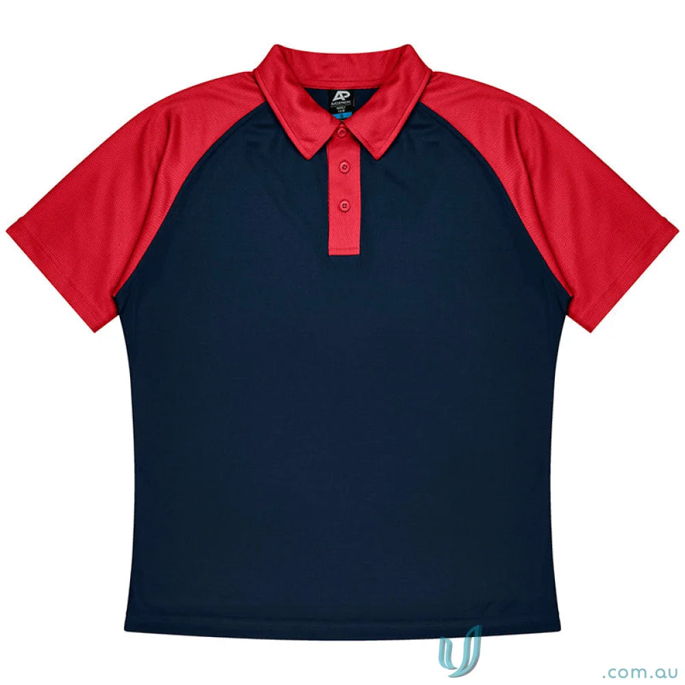 Men’s navy blue polo shirt with red raglan sleeves and placket, perfect for casual uniforms