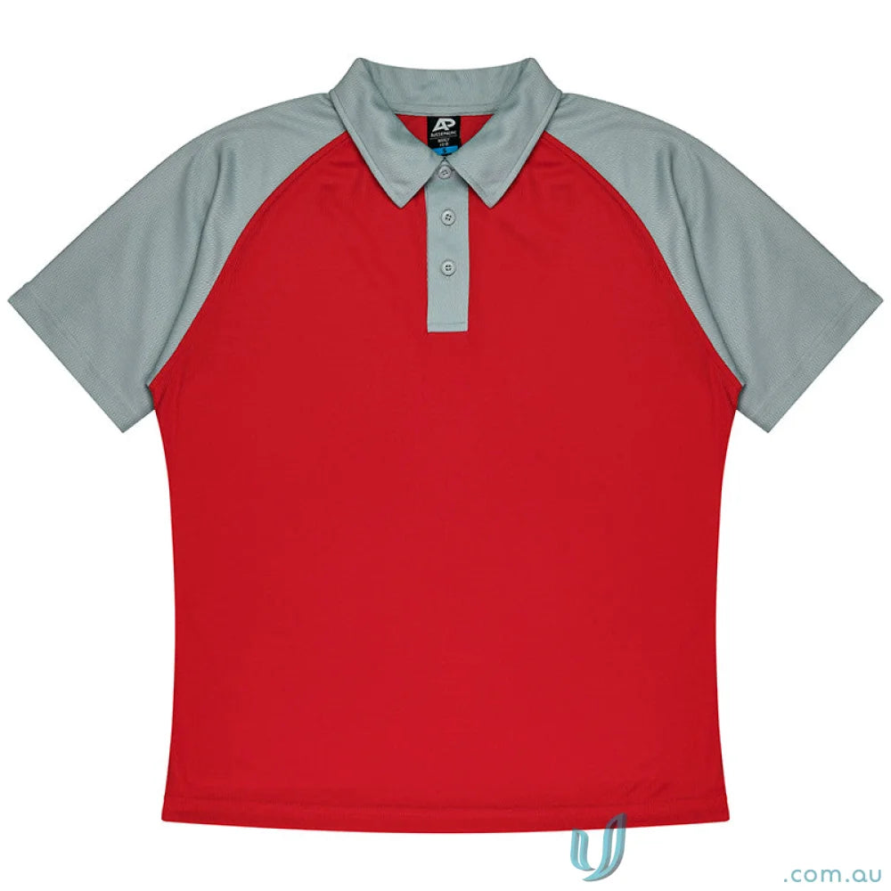 Red and gray mens raglan polo shirt with three buttons, perfect for uniforms and casual wear