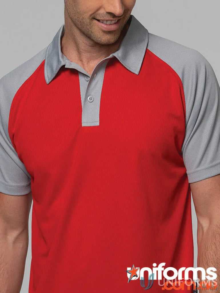 Red and grey mens polo shirt made from comfy fabric, perfect for uniforms or casual wear