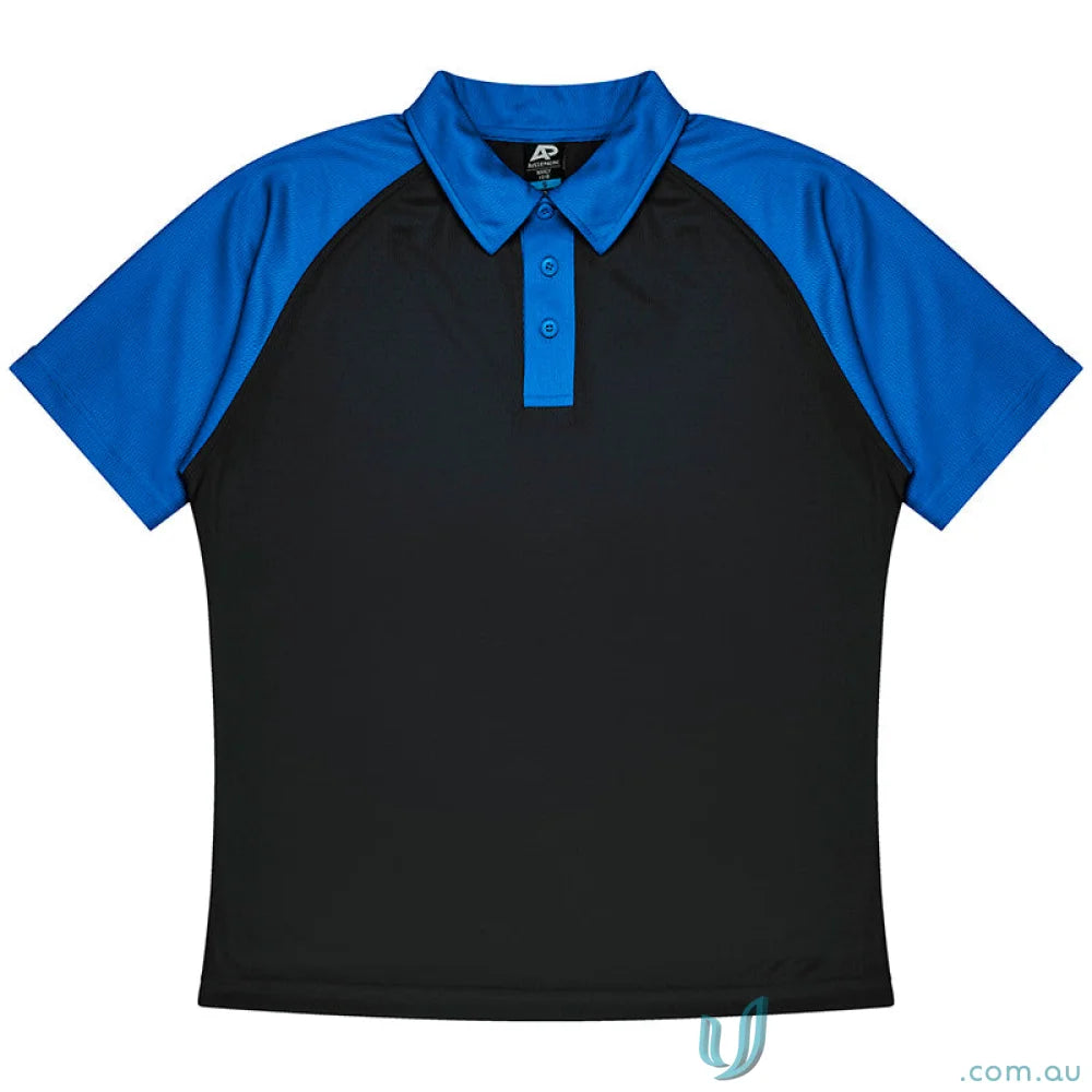Manly Mens Polos short-sleeved men’s polo shirt with black fabric and blue raglan sleeves
