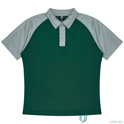 Manly Mens Polos short-sleeved polo shirt with dark green fabric and gray raglan sleeves