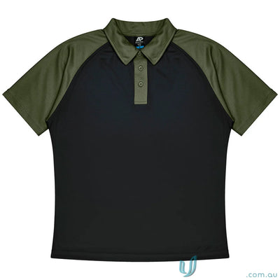 Manly Mens Polos two-tone men’s polo shirt with black fabric and olive green sleeves