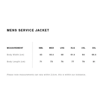 Men’s mark padded jacket size chart showing body width and length for sml to 3xl for work uniforms and workwear
