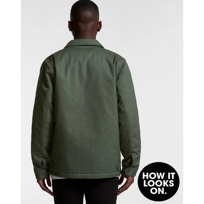 Olive green mark padded jacket with classic collar and minimalist design ideal for workwear and uniforms