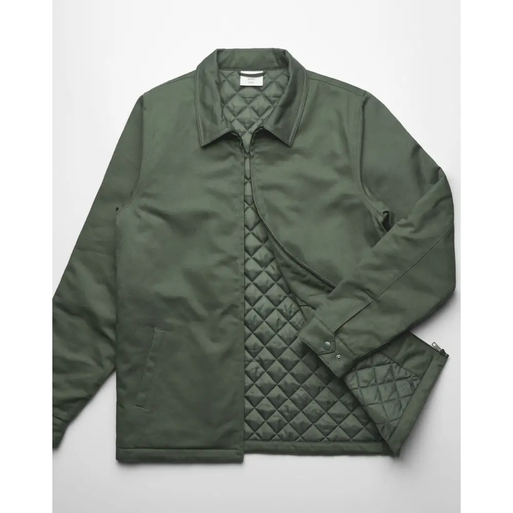 Olive green mark padded jacket with diamond quilted lining and snap-button cuffs ideal for work uniforms and workwear