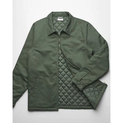 Olive green mark padded jacket with diamond quilted lining and snap-button cuffs ideal for work uniforms and workwear