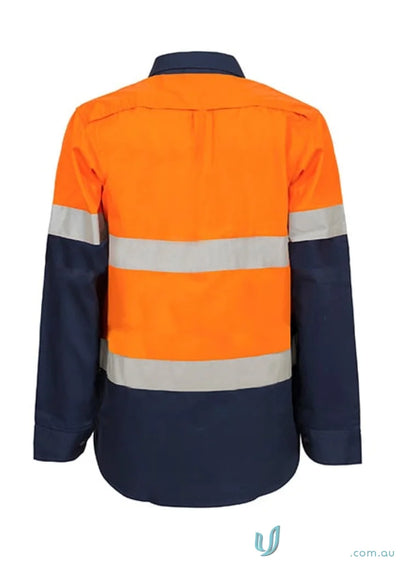 Orange and navy blue maternity hi vis shirt with CSR tape for women working safety