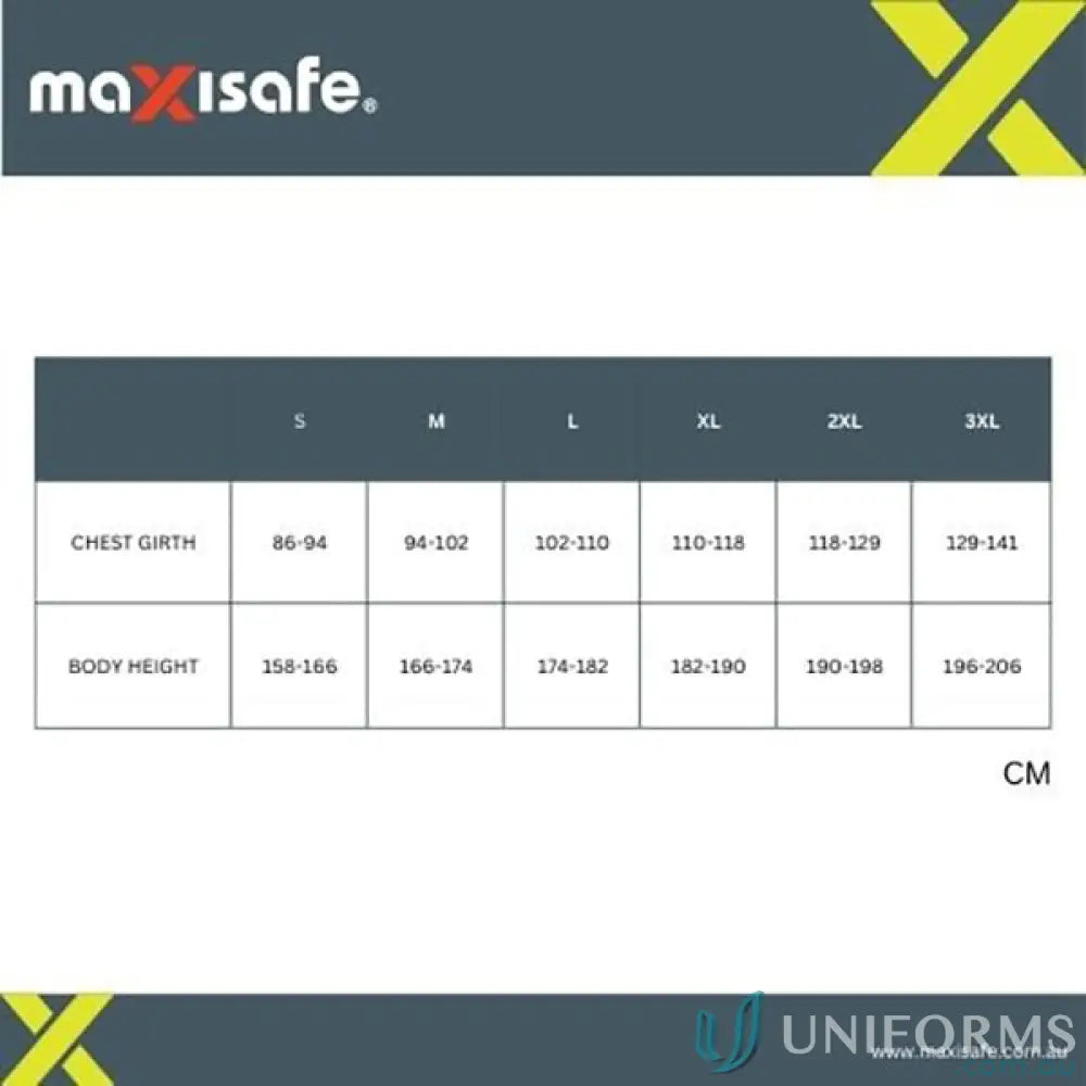 Clothing size chart for Maxisafe White Polypropylene Disposable Coveralls workwear