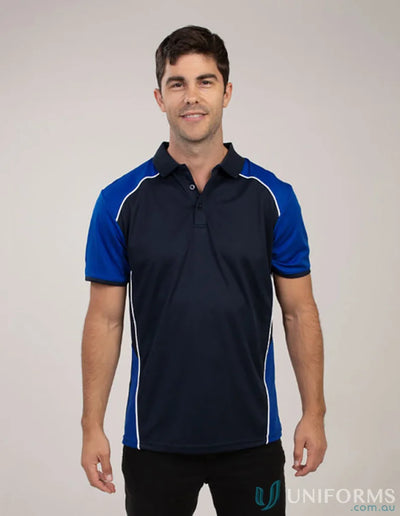 Man wearing McPherson Polo in navy and blue, made with recycled fibres for cooldry moisture management