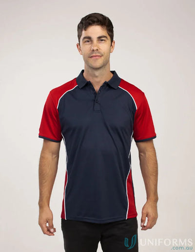 Navy and red McPherson Polo shirt with cooldry moisture management and recycled fibres