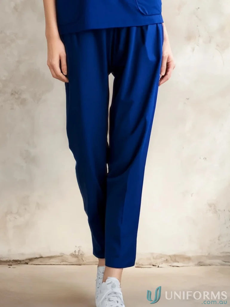 Blue elastic-waist Medi8 Unisex Reversible Scrub Pants with reinforced stress points
