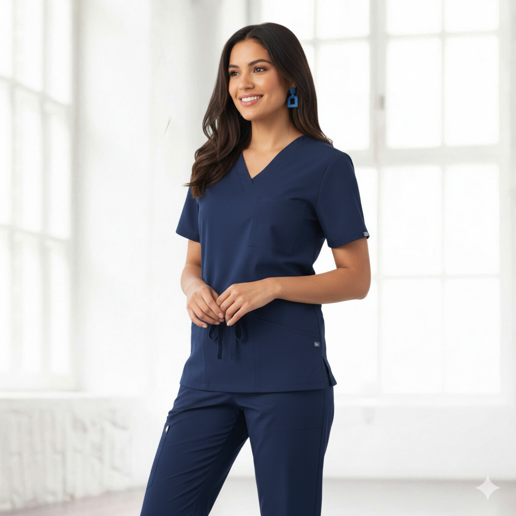 Medi8 unisex scrub navy v-neck top with adjustable fabric ties