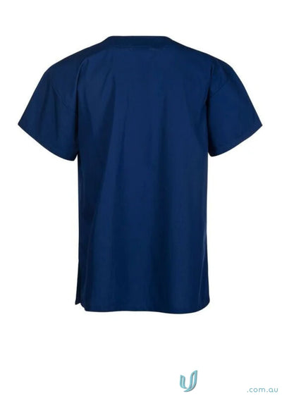 Navy blue medi8 unisex scrub top with short sleeves designed for comfortable workwear and professional uniforms