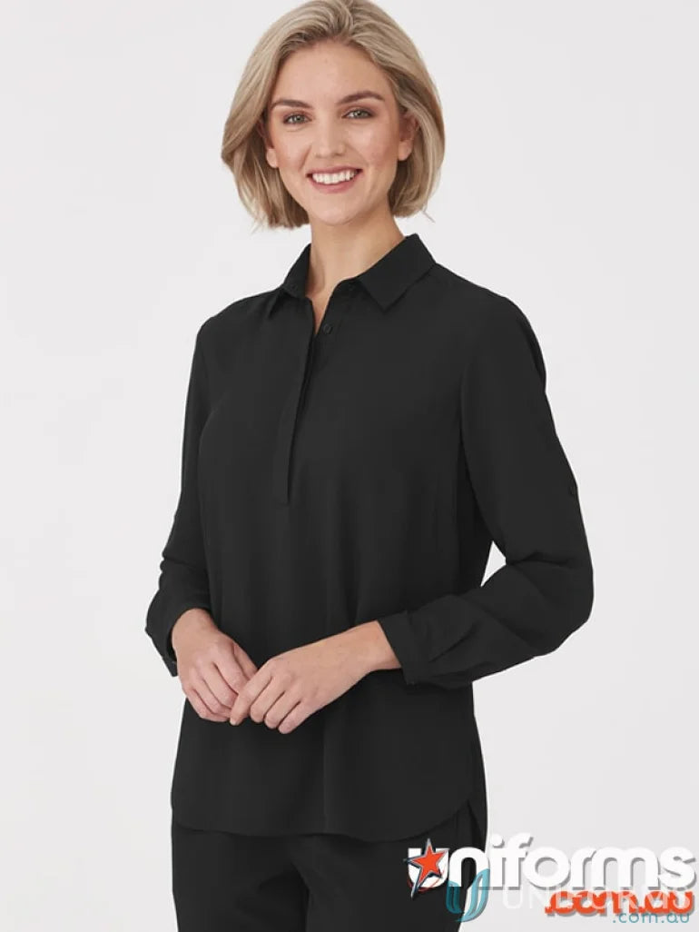 Black long-sleeved collared Meghan Top perfect for action fit medical uniforms