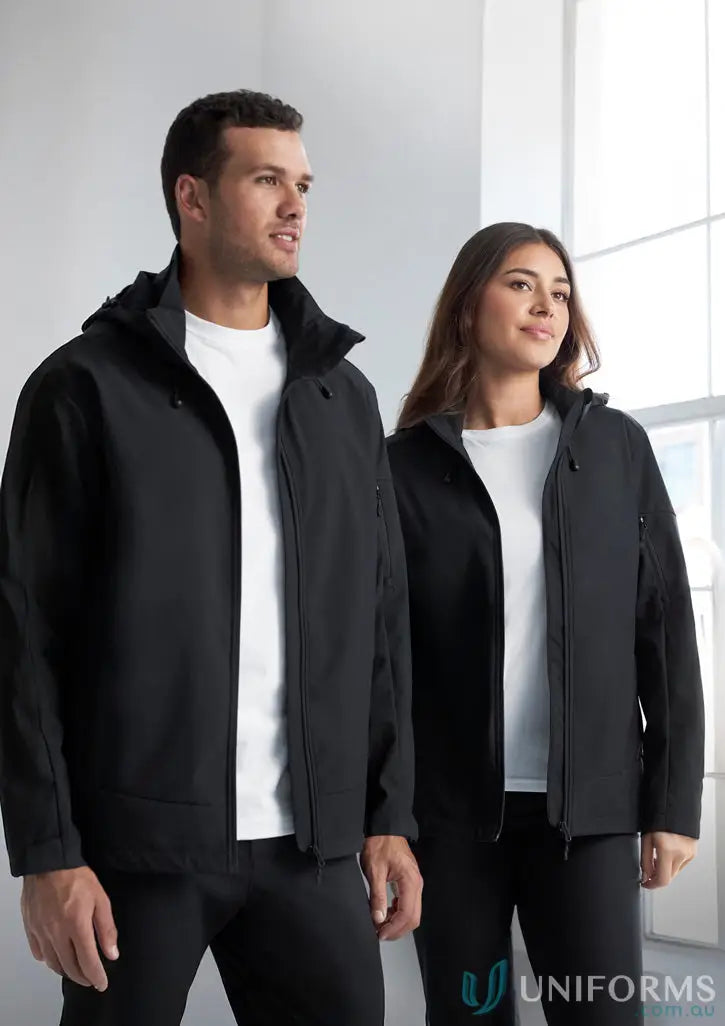 Black hooded jackets worn by a man and woman, perfect for outdoor guides, Mens Atlas Jacket