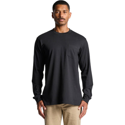 Charcoal gray long-sleeved crew neck t-shirt with pocket detail, likely made of cotton or polyester blend.