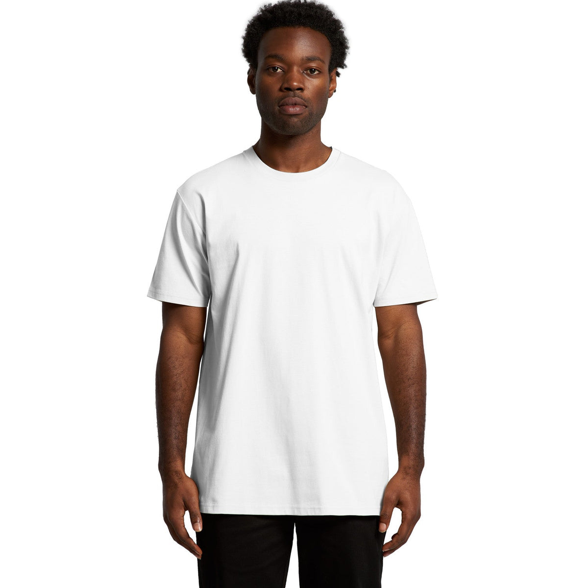 White crew neck t-shirt with short sleeves and a relaxed fit.