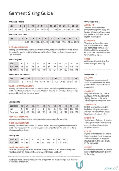 Mens ETI Capri LS Check size guide with professional fit details for business wear