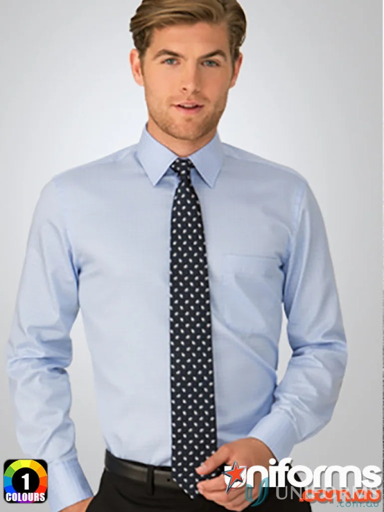 Mens ETI Capri LS Check light blue long-sleeved dress shirt with a dark blue patterned tie for a professional business look