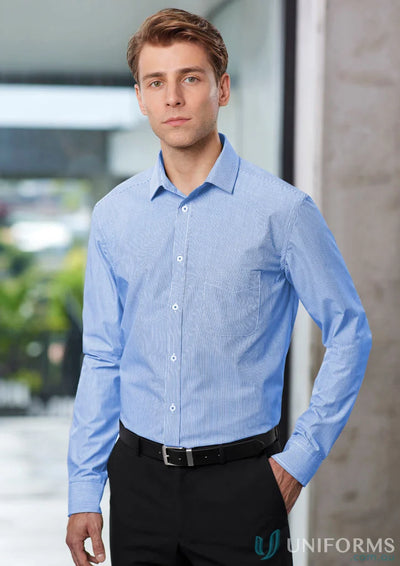 Man in blue striped Euro Long Sleeve Shirt, perfect for mens euro long style
