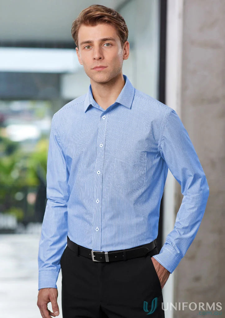 Man in blue striped Euro Long Sleeve Shirt, perfect for mens euro long style