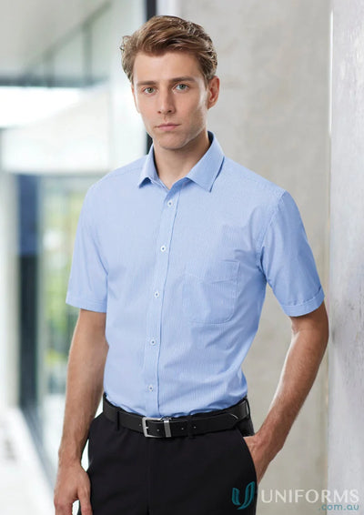 Man in light blue Mens Euro SS Shirt featuring euro short sleeve, style s812ms