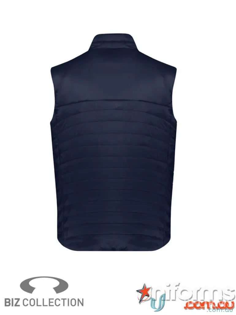 Men’s expedition vest showing navy blue quilted design with premium hi-loft polyfil
