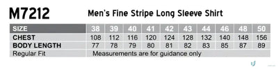 Sizing chart for Mens Fine Stripe LS Shirt with stripe long sleeve options M7212 mens fine