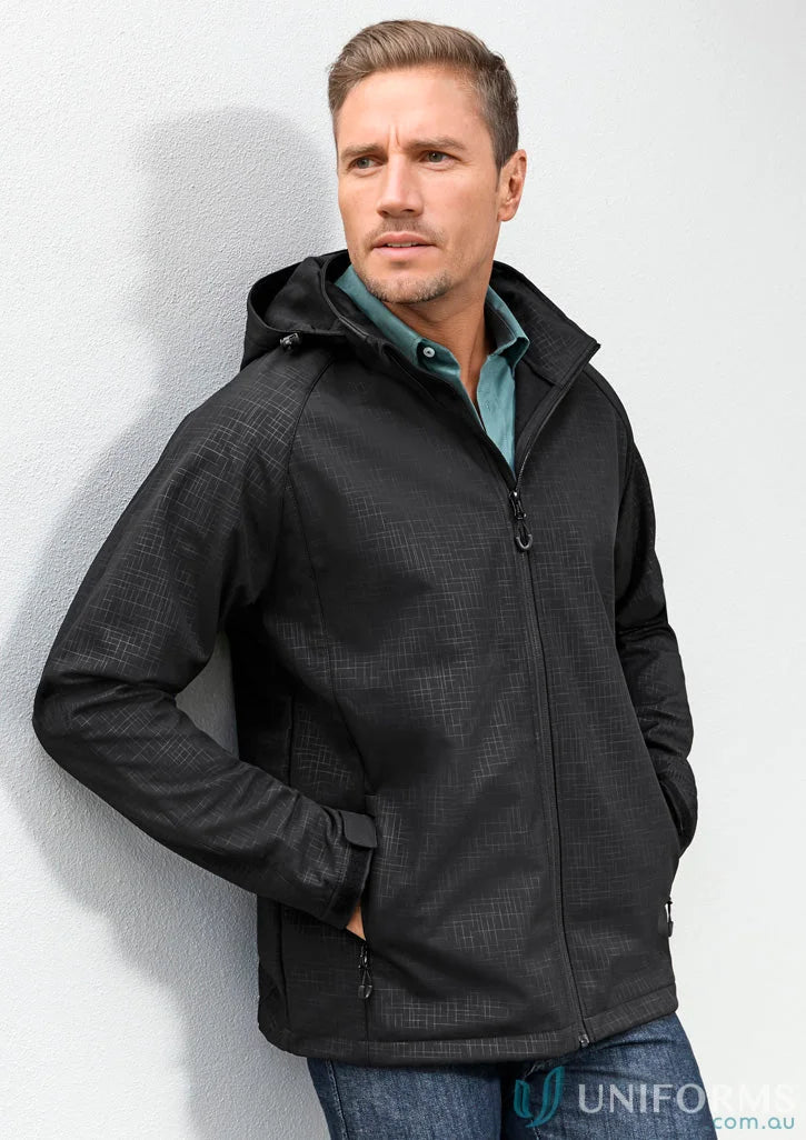 Man modeling Men’s Geo Jacket J135M from Biz Collection Men’s with hood and zip pockets
