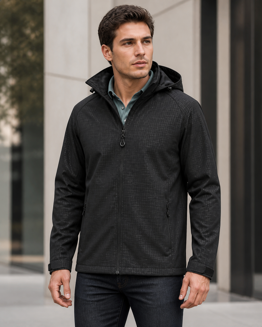 Mens Geo Jacket black patterned softshell on Australian male model