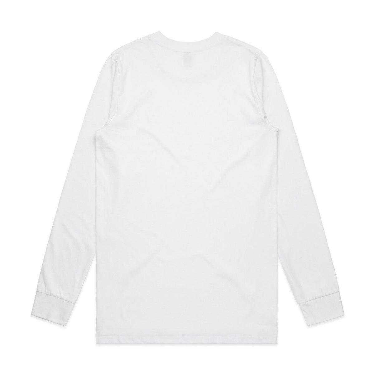 White long-sleeved shirt with ribbed cuffs and hem, likely made of cotton or polyester.