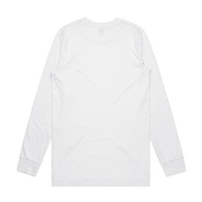 White long-sleeved shirt with ribbed cuffs and hem, likely made of cotton or polyester.