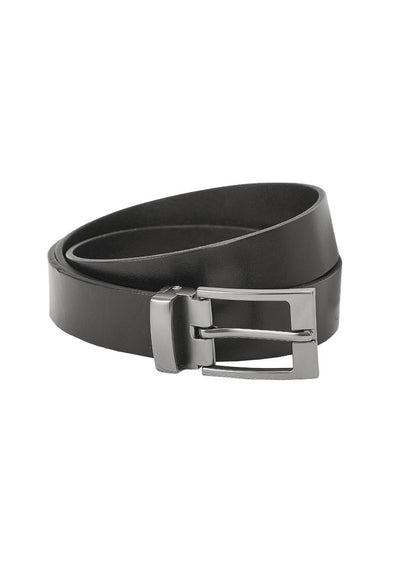 Mens leather belt with black leather and silver rectangular buckle