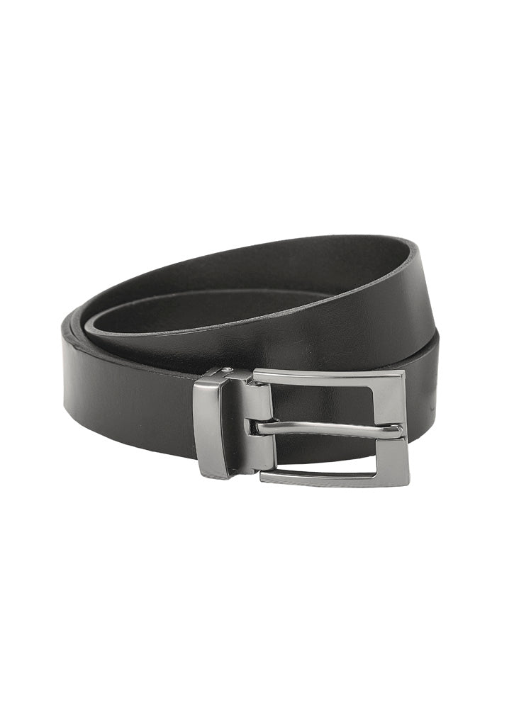 Mens leather belt with black leather and silver rectangular buckle