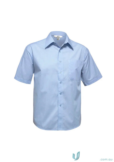 Light blue mens micro check short sleeve button-down shirt for casual style