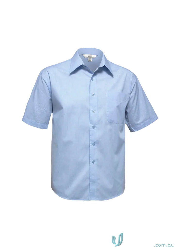 Light blue mens micro check short sleeve button-down shirt for casual style