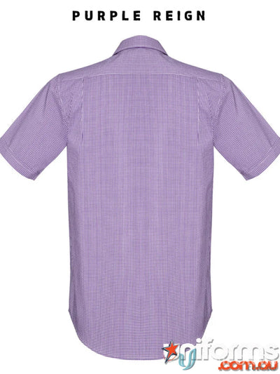 Purple checkered men’s Newport SS Shirt for easy wear, gentle machine wash safe