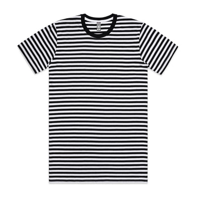 Black and white striped t-shirt with a crew neck, short sleeves, and ribbed cuffs.
