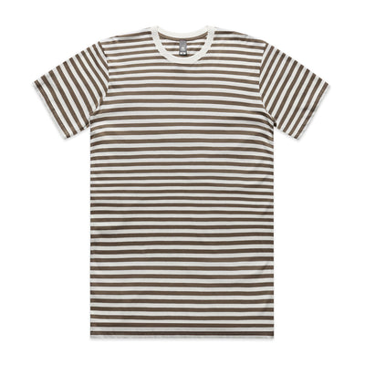 Striped t-shirt with short sleeves and a crew neck, featuring brown stripes on white background.