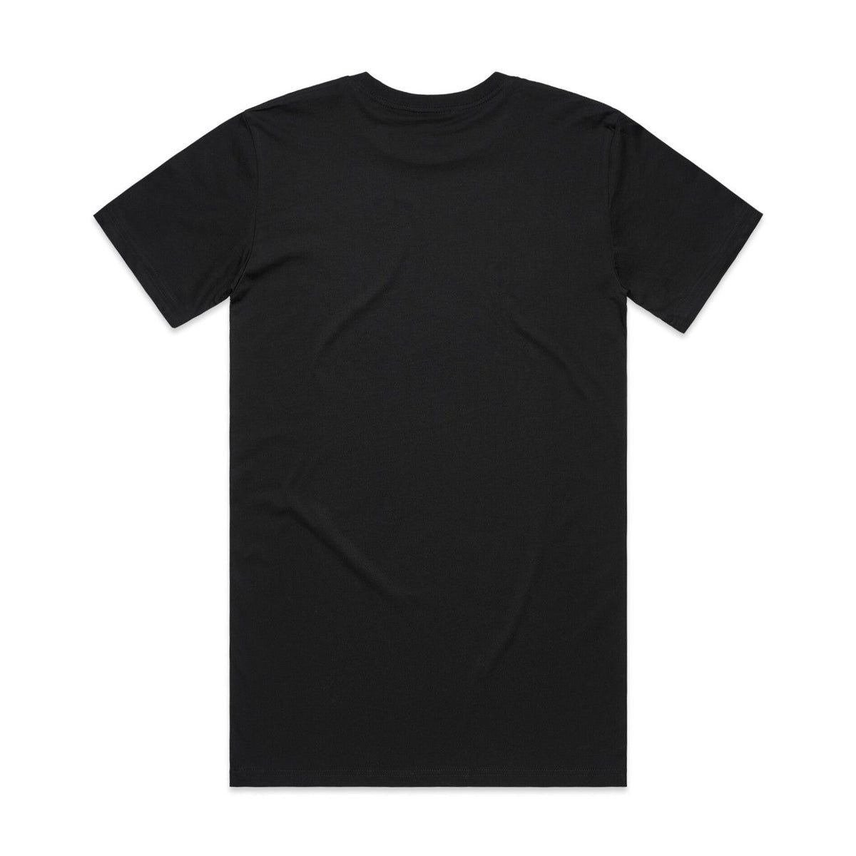 Black t-shirt with short sleeves and a crew neck.