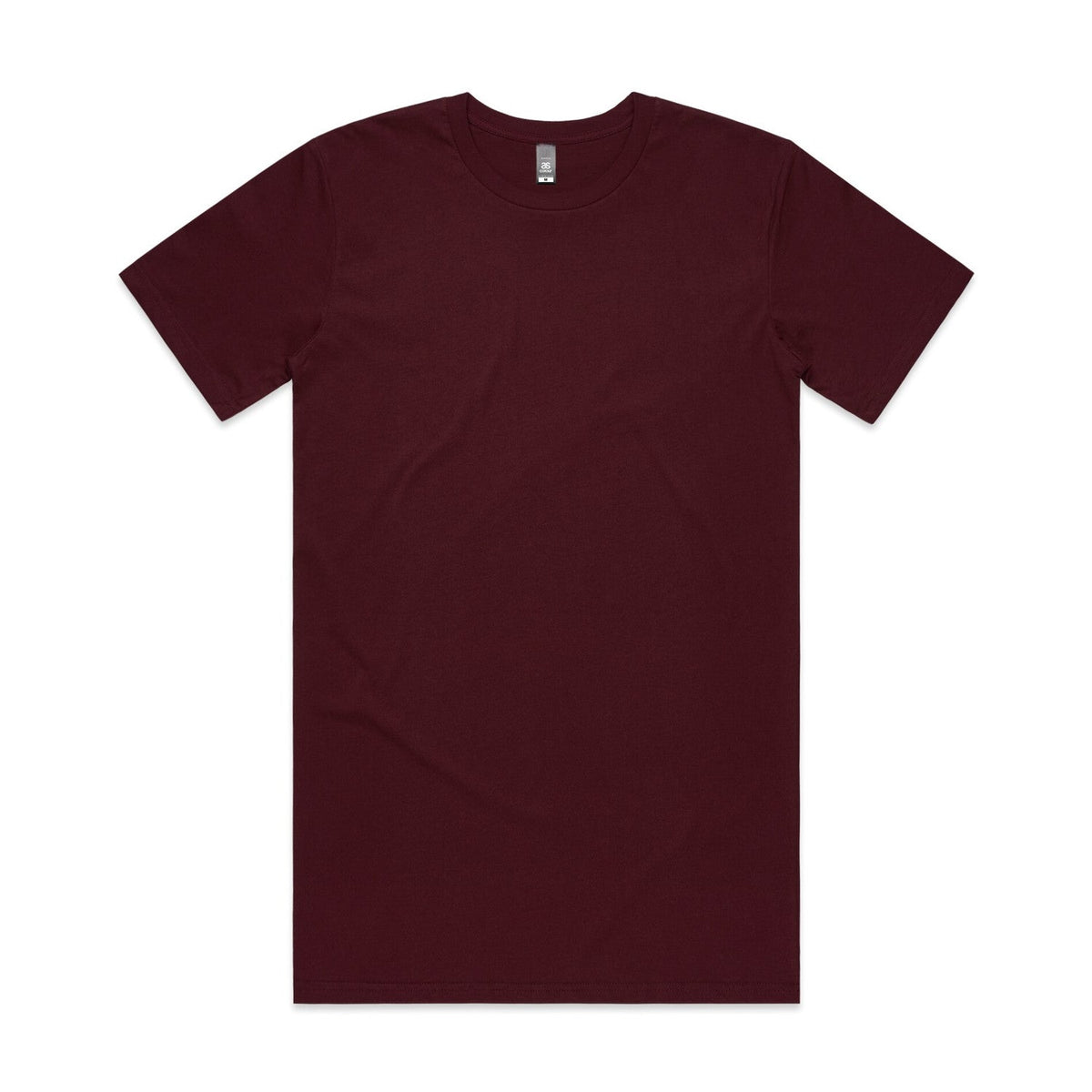 Burgundy crew neck t-shirt with short sleeves and a ribbed neckline, made of cotton.